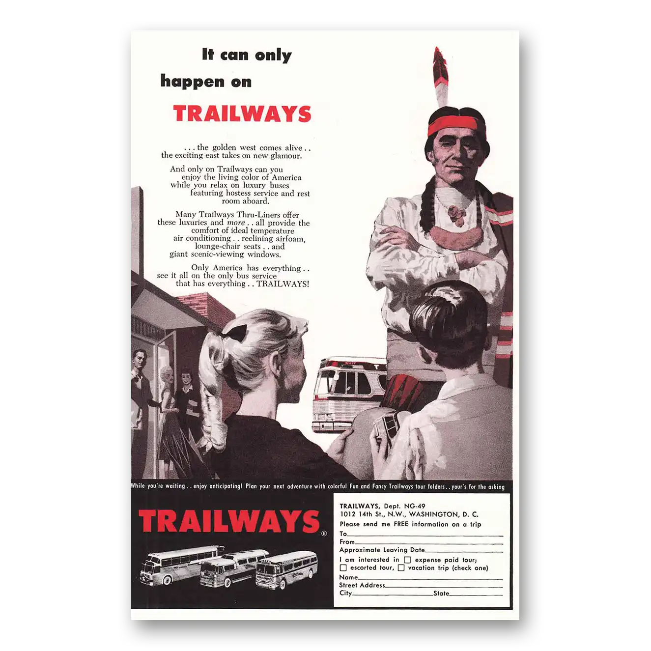 1959 Trailways Indian Chief Vintage Magazine Print Ad