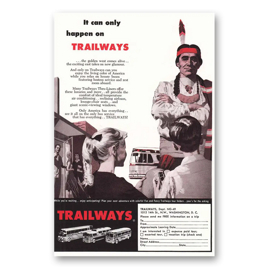 1959 Trailways Indian Chief Vintage Magazine Print Ad