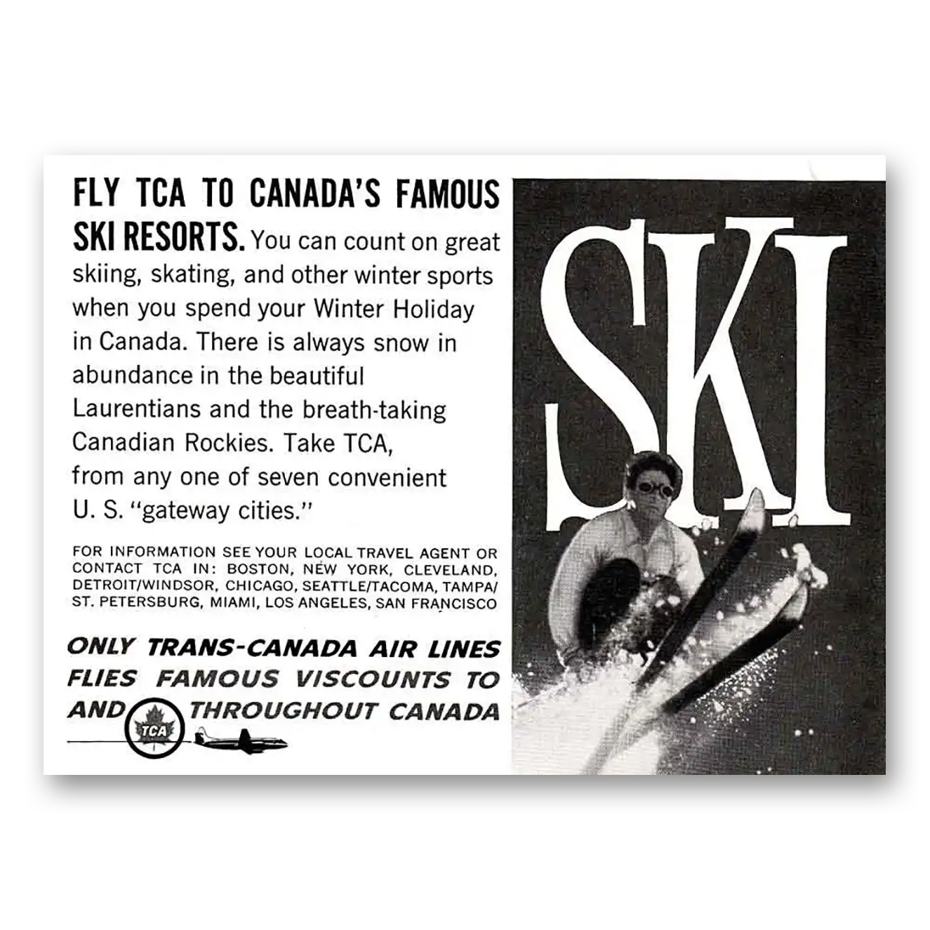 1959 TCA Air Canada Fly TCA to Canadas Famous Ski Resorts Vintage Magazine Print Ad