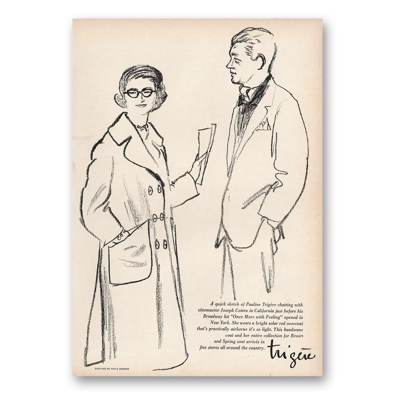 1959 Trigere Fashion Quick Sketch Pauline Trigiere Chatting Vintage Magazine Print Ad