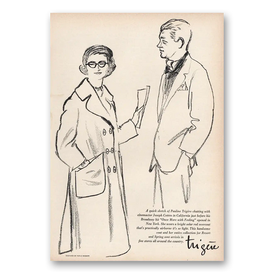 1959 Trigere Fashion Quick Sketch Pauline Trigiere Chatting Vintage Magazine Print Ad