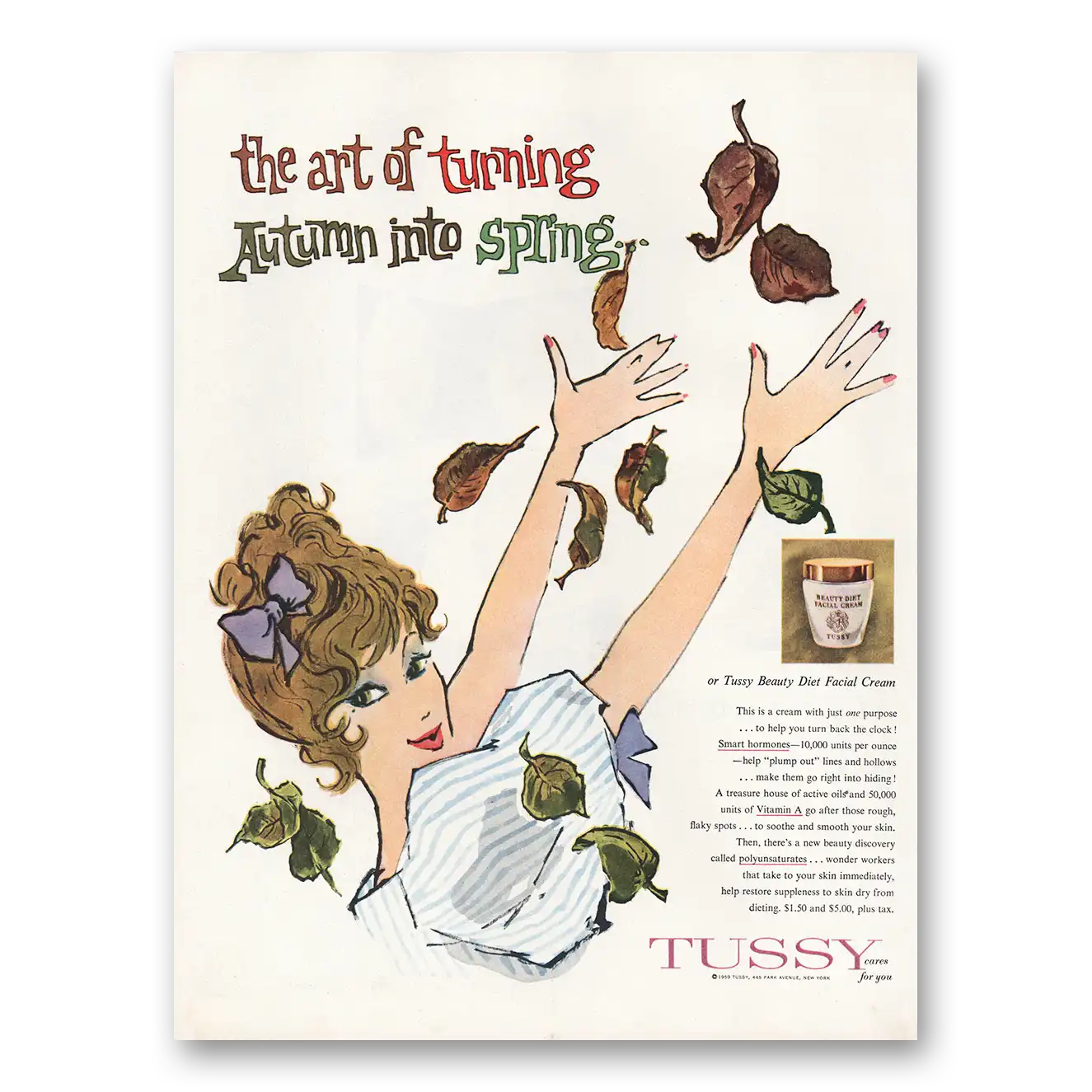 1959 Tussy Facial Cream Art of Turning Autumn Into Spring Vintage Magazine Print Ad