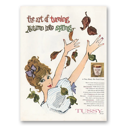 1959 Tussy Facial Cream Art of Turning Autumn Into Spring Vintage Magazine Print Ad