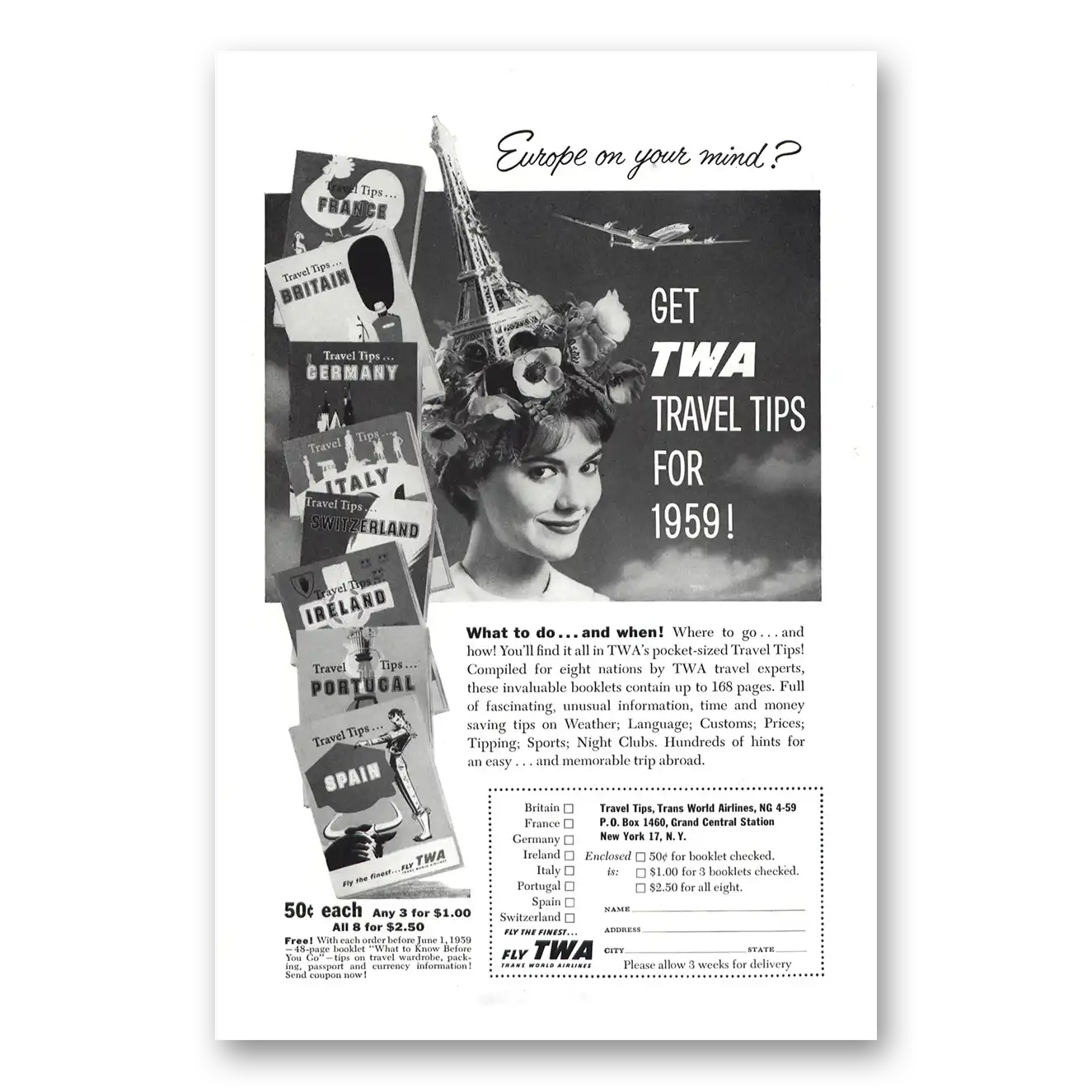 1959 TWA Airlines Get TWA Travel Tips Vintage Magazine Print Ad