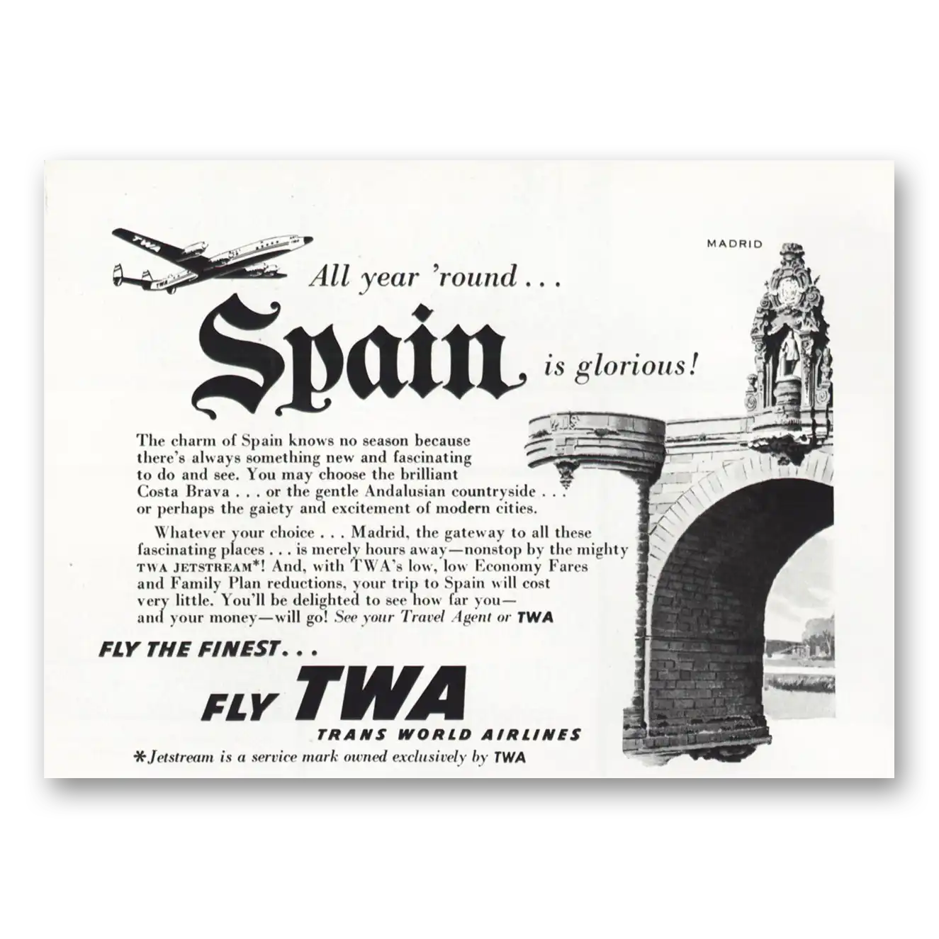 1959 TWA Airlines All Year Round Spain Is Glorious Vintage Magazine Print Ad