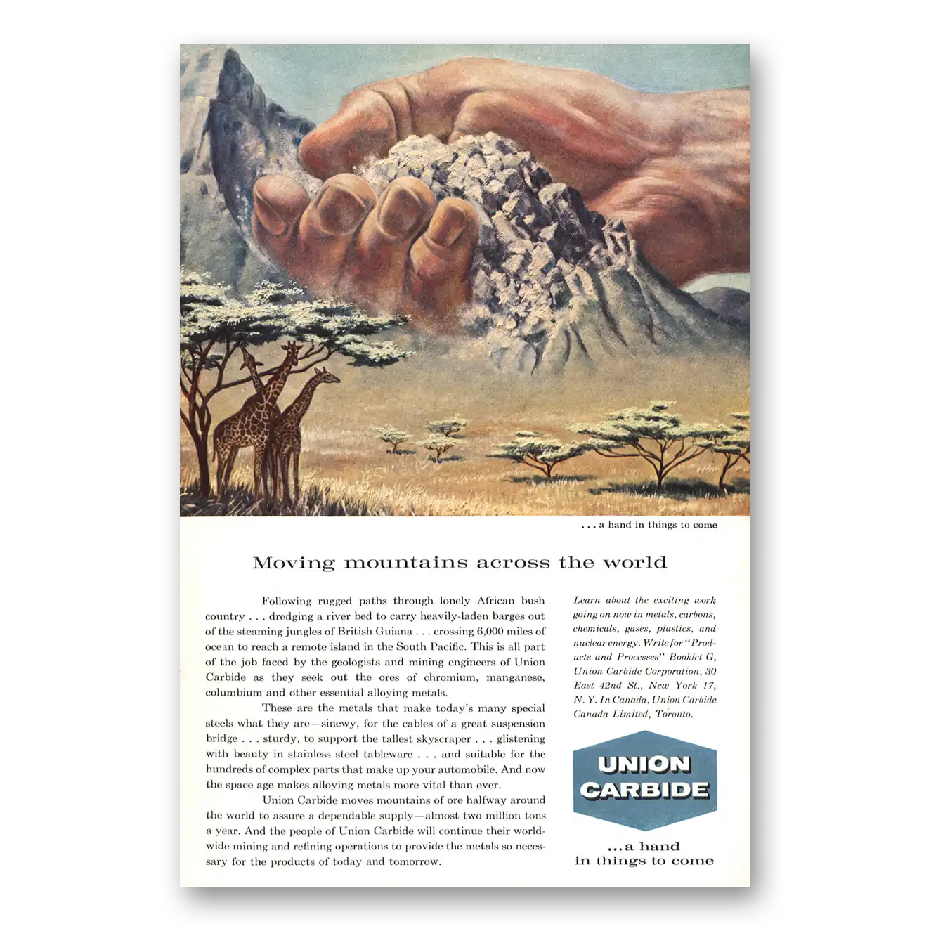 1959 Union Carbide Moving Mountains African Bush Vintage Magazine Print Ad