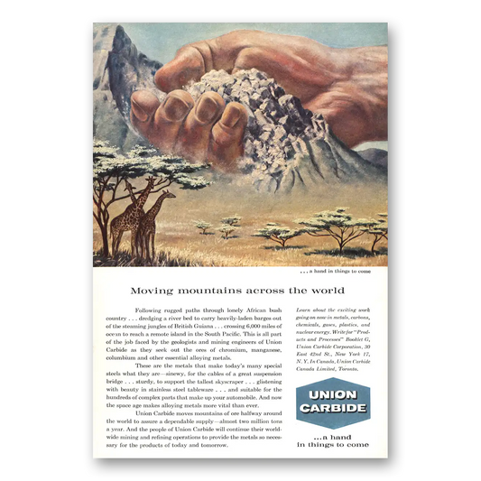 1959 Union Carbide Moving Mountains African Bush Vintage Magazine Print Ad