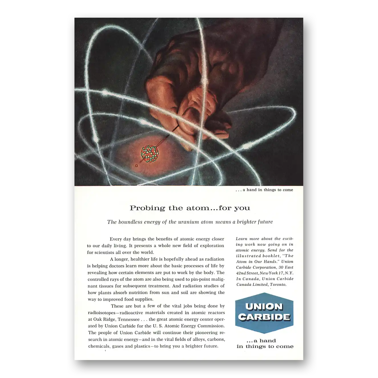 1959 Union Carbide Probing the Atom for You Vintage Magazine Print Ad