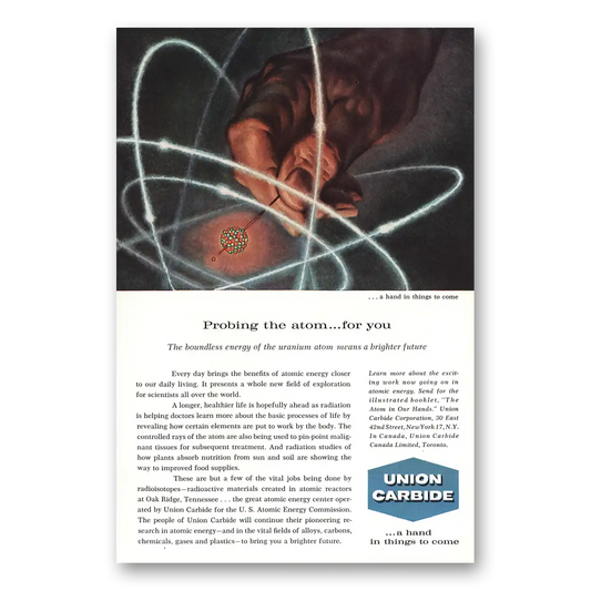 1959 Union Carbide Probing the Atom for You Vintage Magazine Print Ad