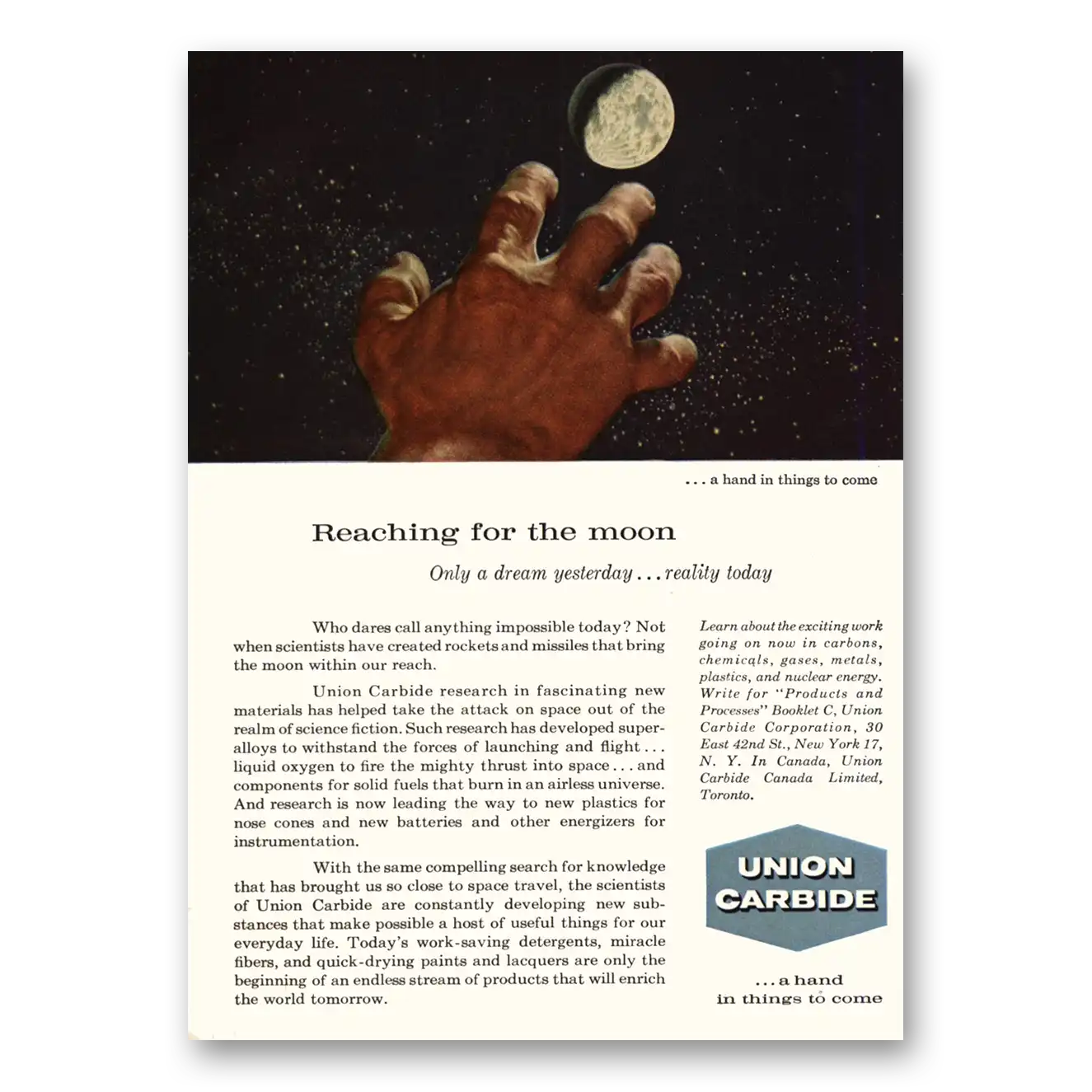 1959 Union Carbide Reaching for the Moon Vintage Magazine Print Ad