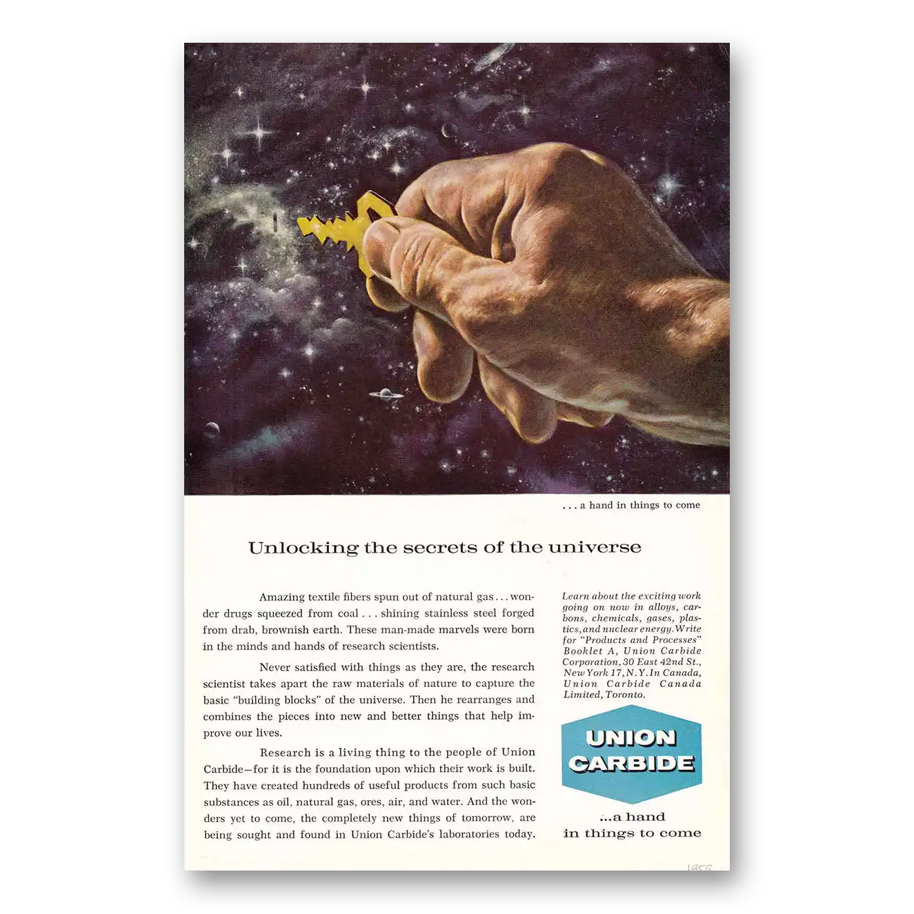 1959 Union Carbide Unlocking the Secrets of the Universe Vintage Magazine Print Ad