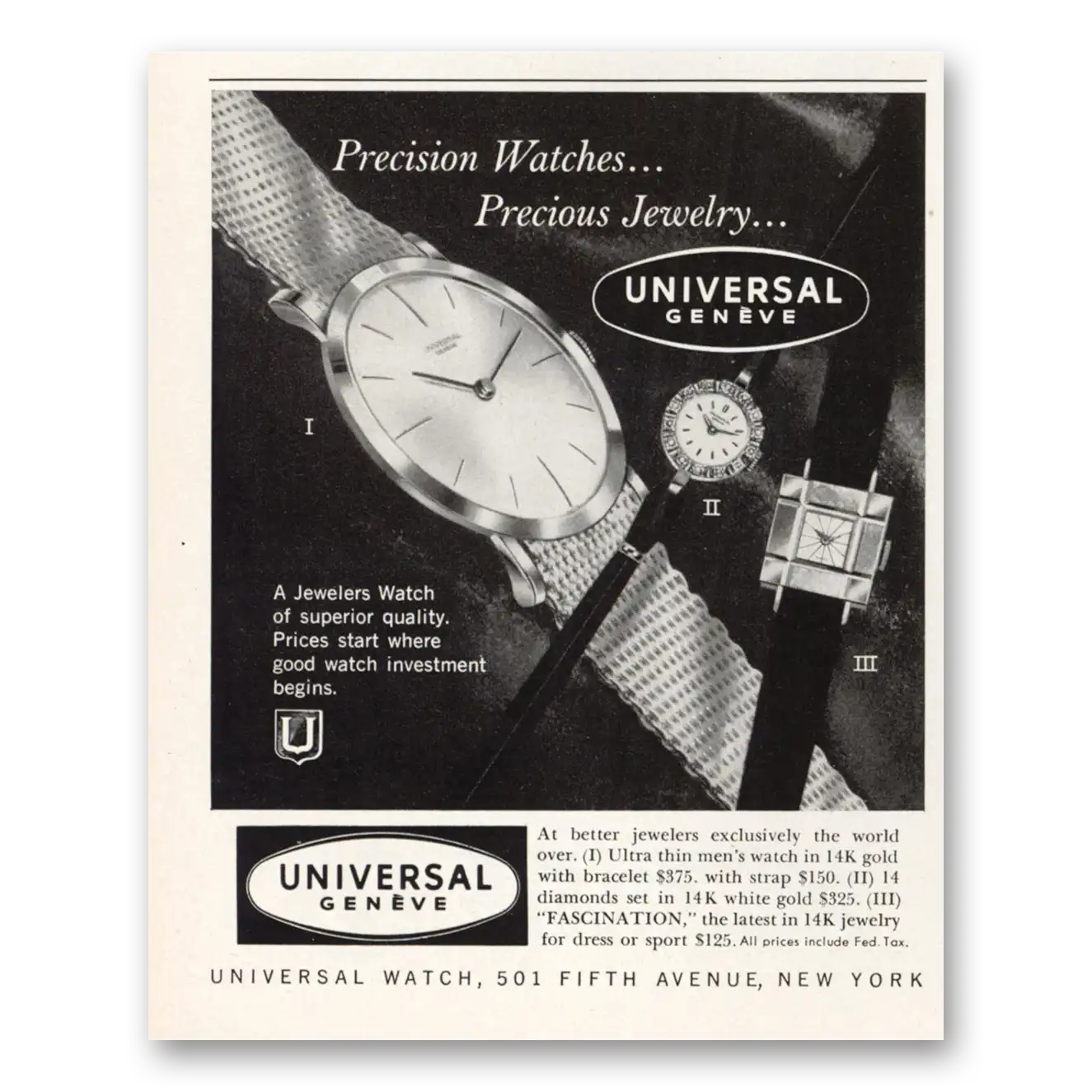 1959 Universal Geneve Watch Premium Watches Precious Jewelry Vintage Magazine Print Ad