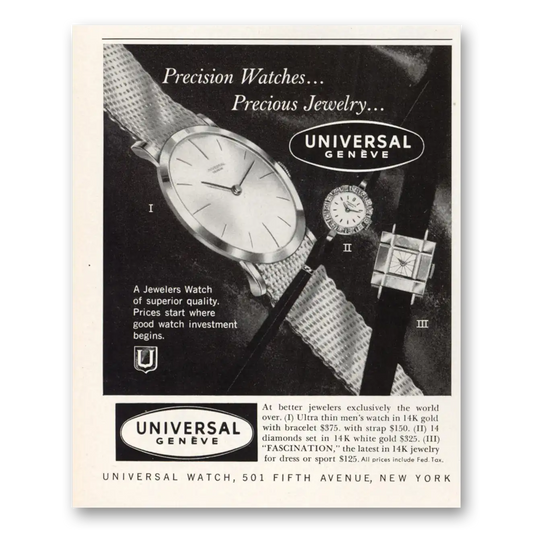 1959 Universal Geneve Watch Premium Watches Precious Jewelry Vintage Magazine Print Ad