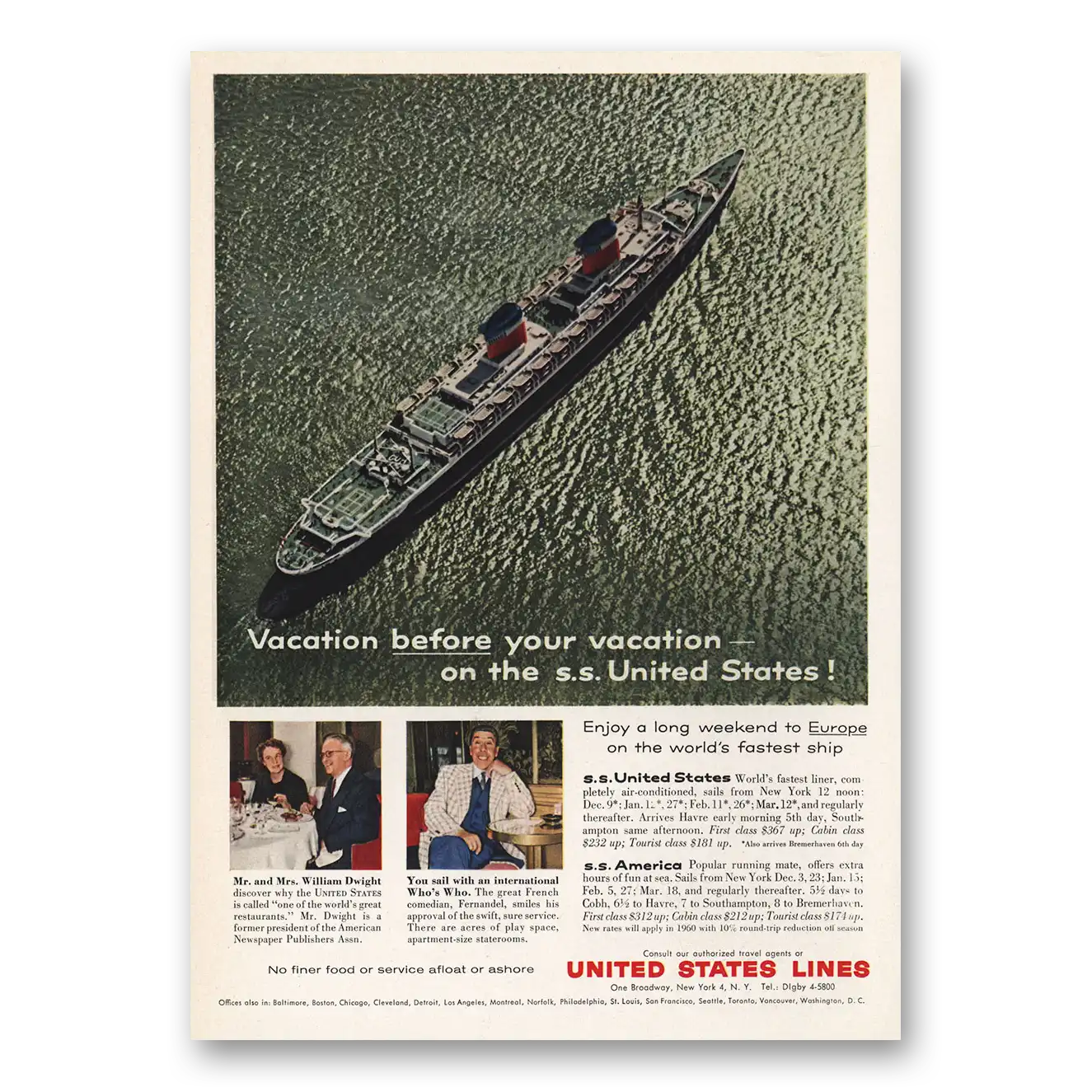 1959 United States Lines Vacation Before SS United States Vintage Magazine Print Ad