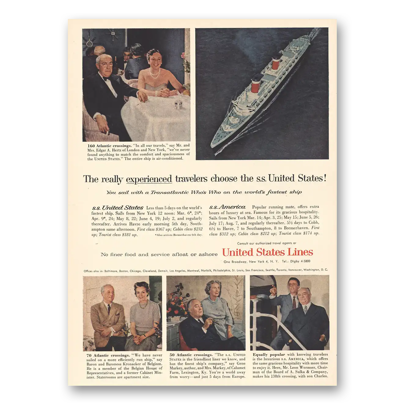 1959 United States Lines Experienced Travelers Vintage Magazine Print Ad