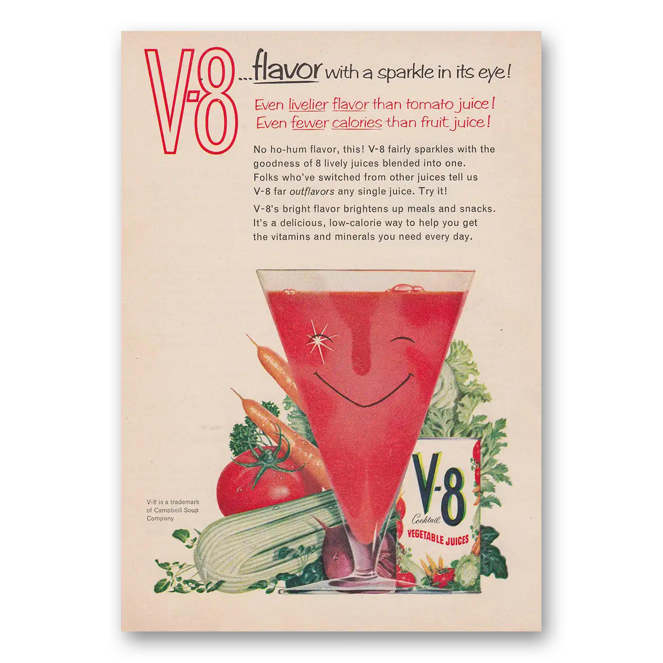 1959 V8 Vegetable Juice Flavor With a Sparkle In Its Eye Vintage Magazine Print Ad