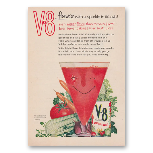 1959 V8 Vegetable Juice Flavor With a Sparkle In Its Eye Vintage Magazine Print Ad