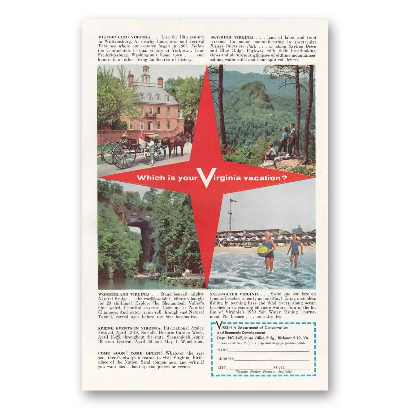 1959 Virginia Which is Your Virginia Vacation Vintage Magazine Print Ad