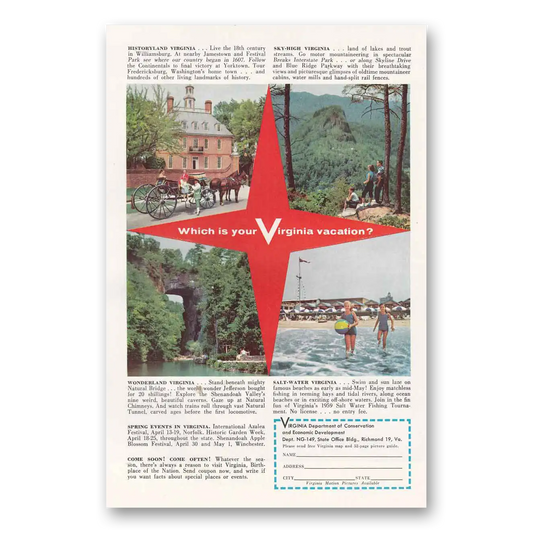 1959 Virginia Which is Your Virginia Vacation Vintage Magazine Print Ad