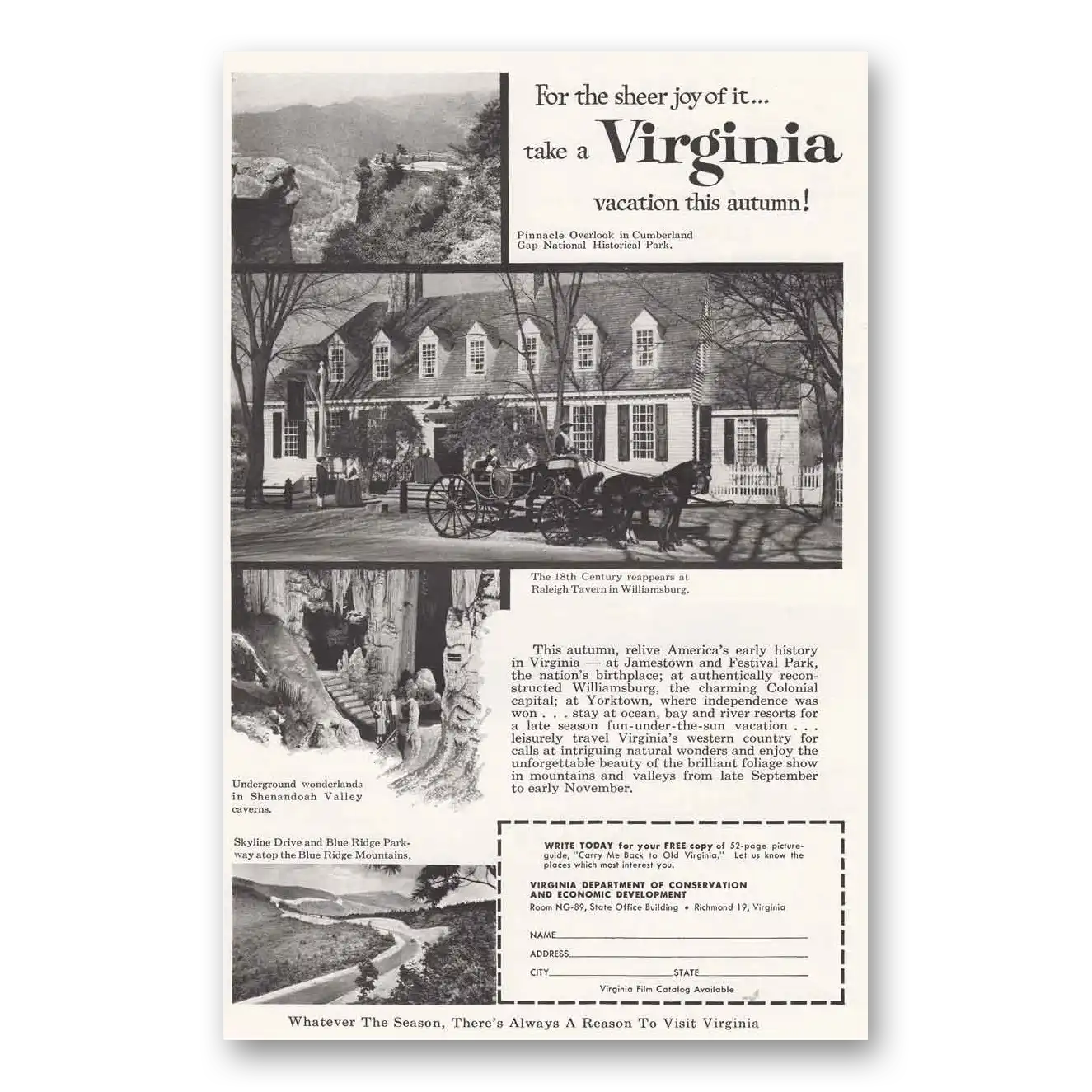 1959 Virginia Pinnacle Overlook Raleigh Tavern Vintage Magazine Print Ad