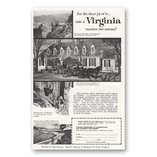 1959 Virginia Pinnacle Overlook Raleigh Tavern Vintage Magazine Print Ad