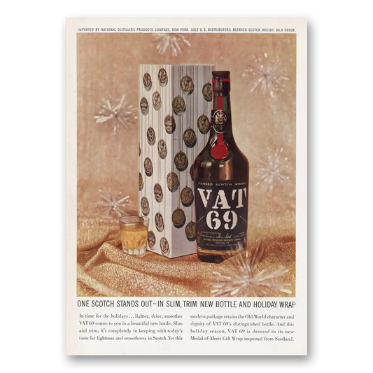 1959 VAT69 One Scotch Stands Out Holiday Wrap Vintage Magazine Print Ad