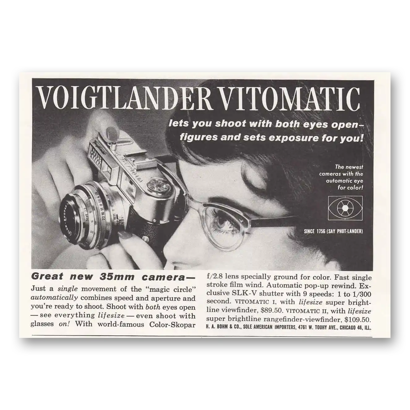 1959 Voigtlander Vitomatic Camera Both Eyes Open Vintage Magazine Print Ad