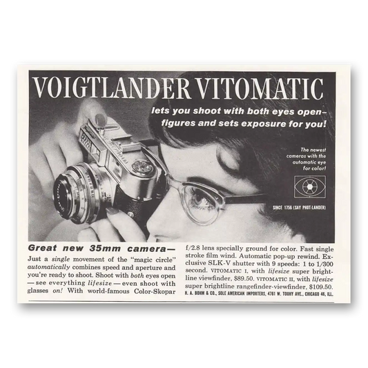 1959 Voigtlander Vitomatic Camera Both Eyes Open Vintage Magazine Print Ad