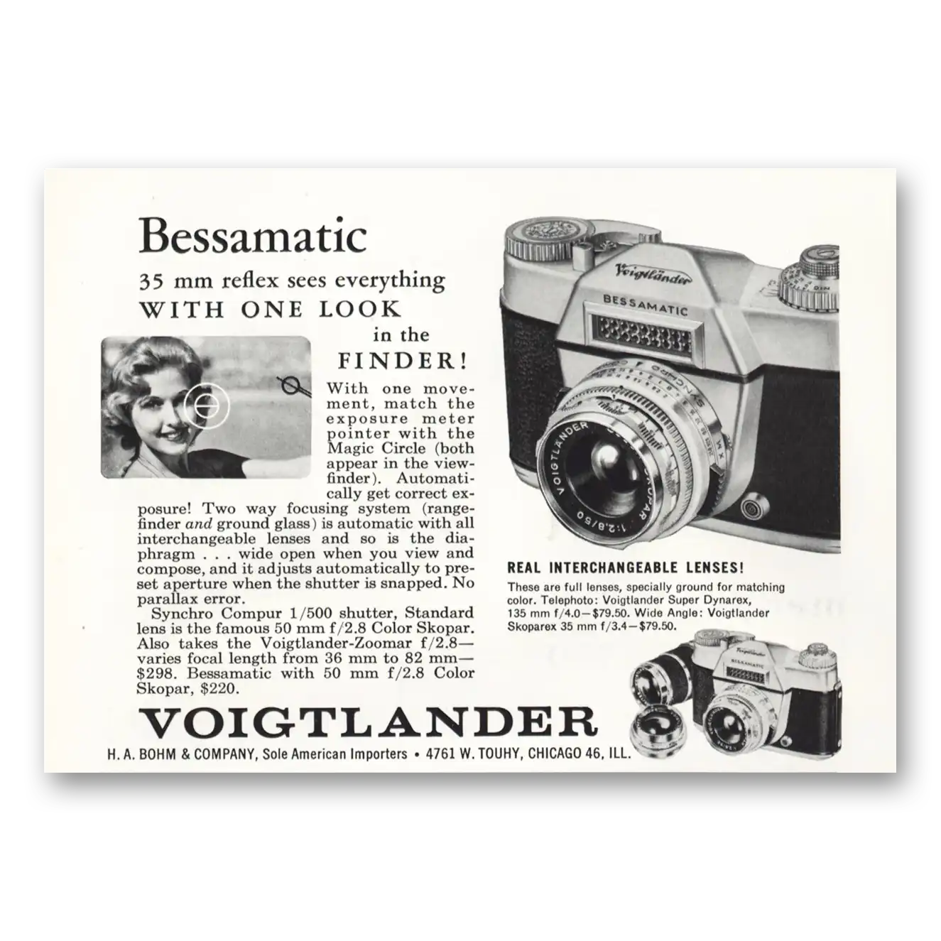 1959 Voigtlander Bessamatic Camera With One Look In the Finder Vintage Magazine Print Ad