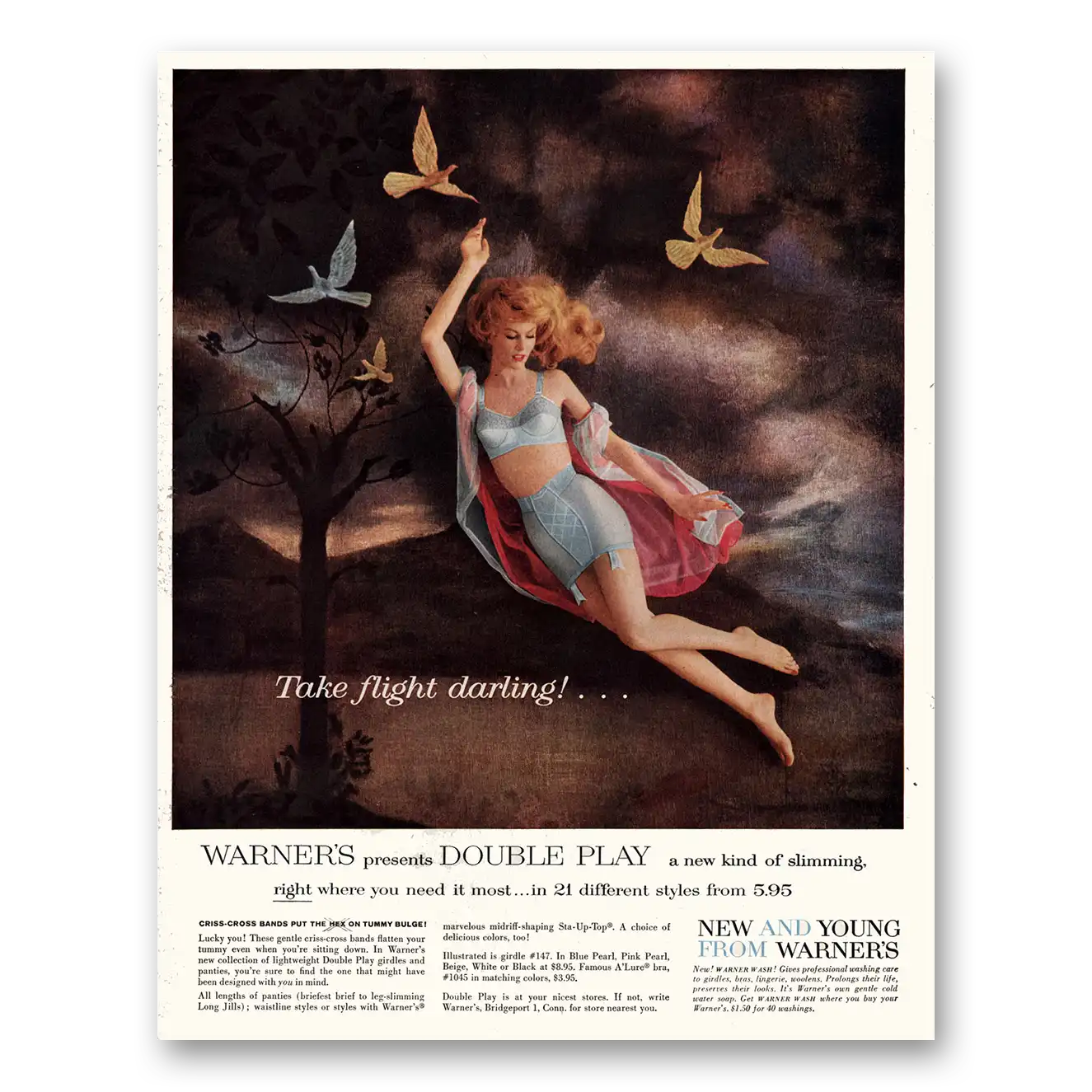 1959 Warners Undergarments Double Play Girdles Take Flight Darling Vintage Magazine Print Ad