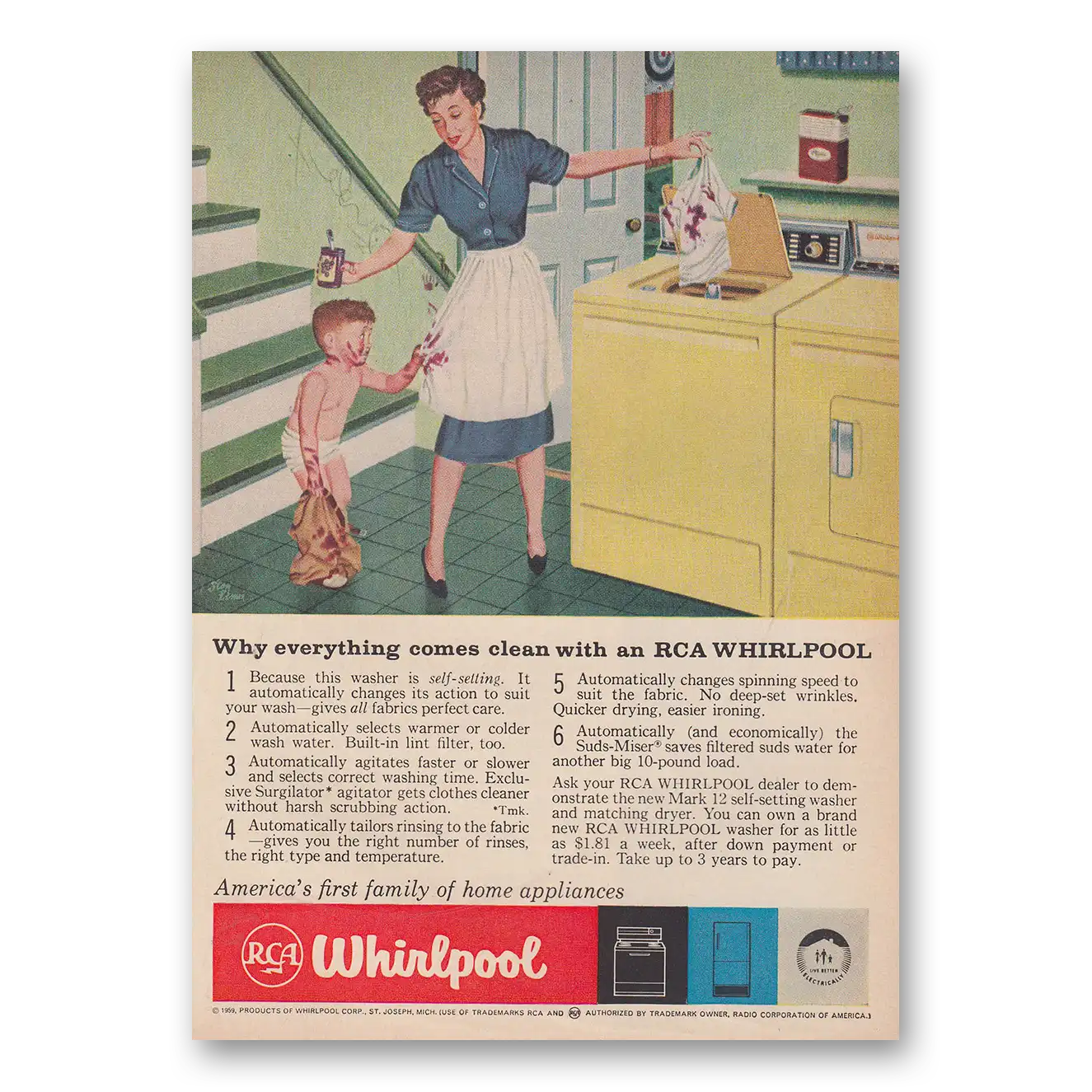 1959 Whirlpool Washer Dryer Why Everything Comes Clean Vintage Magazine Print Ad