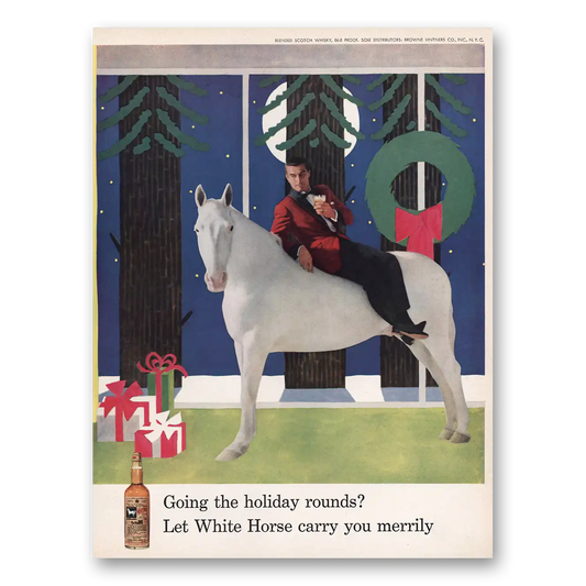 1959 White Horse Scotch Whisky Going the Holiday Rounds Vintage Magazine Print Ad