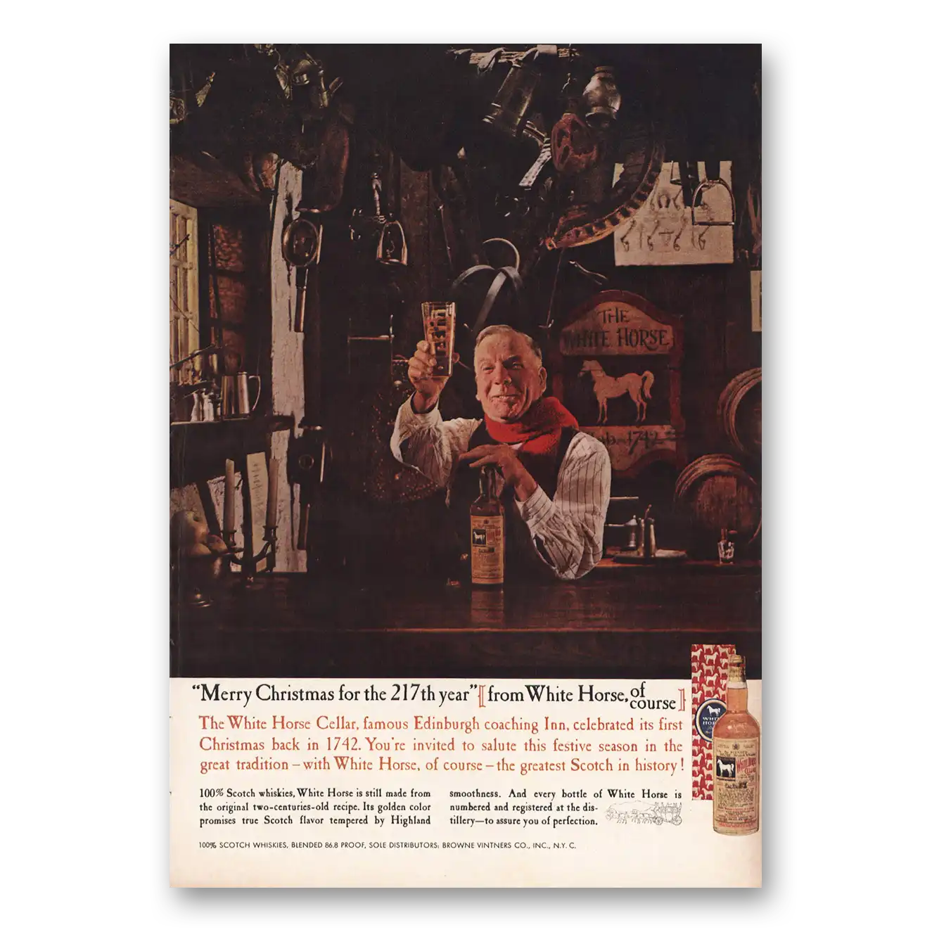 1959 White Horse Scotch Whisky Merry Christmas 217th Year Vintage Magazine Print Ad