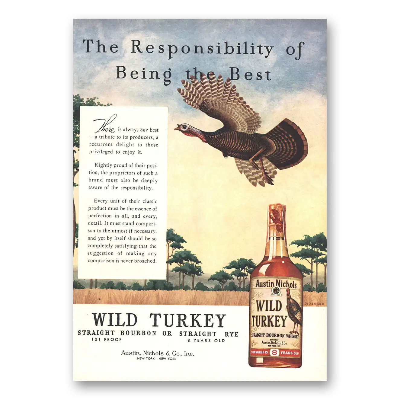 1959 Wild Turkey Bourbon Whiskey Responsibility of Being the Best Vintage Magazine Print Ad