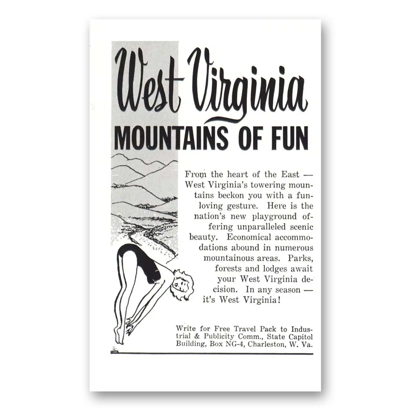 1959 West Virginia Mountains of Fun Vintage Magazine Print Ad