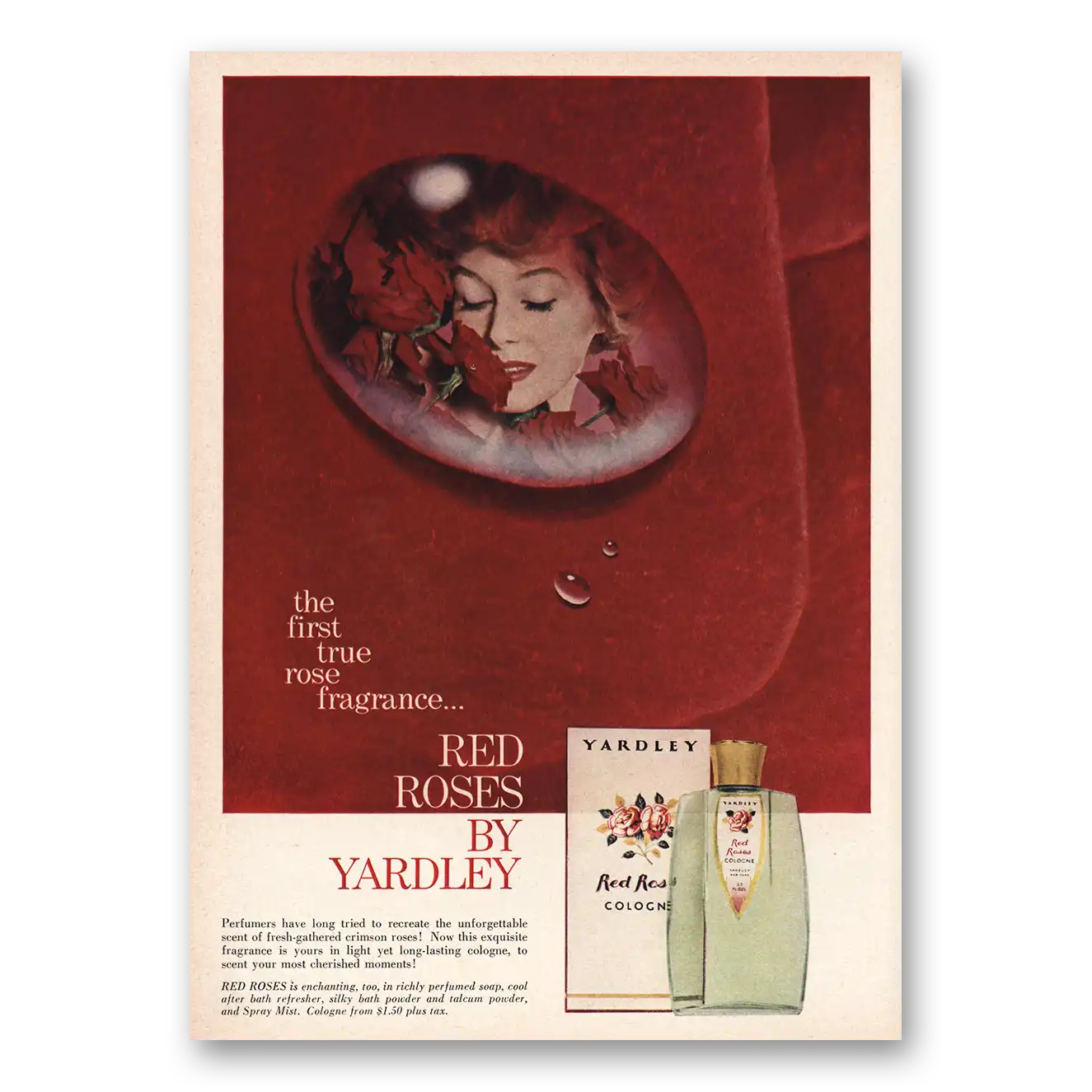 1959 Red Roses Cologne First True Rose Fragrance Vintage Magazine Print Ad