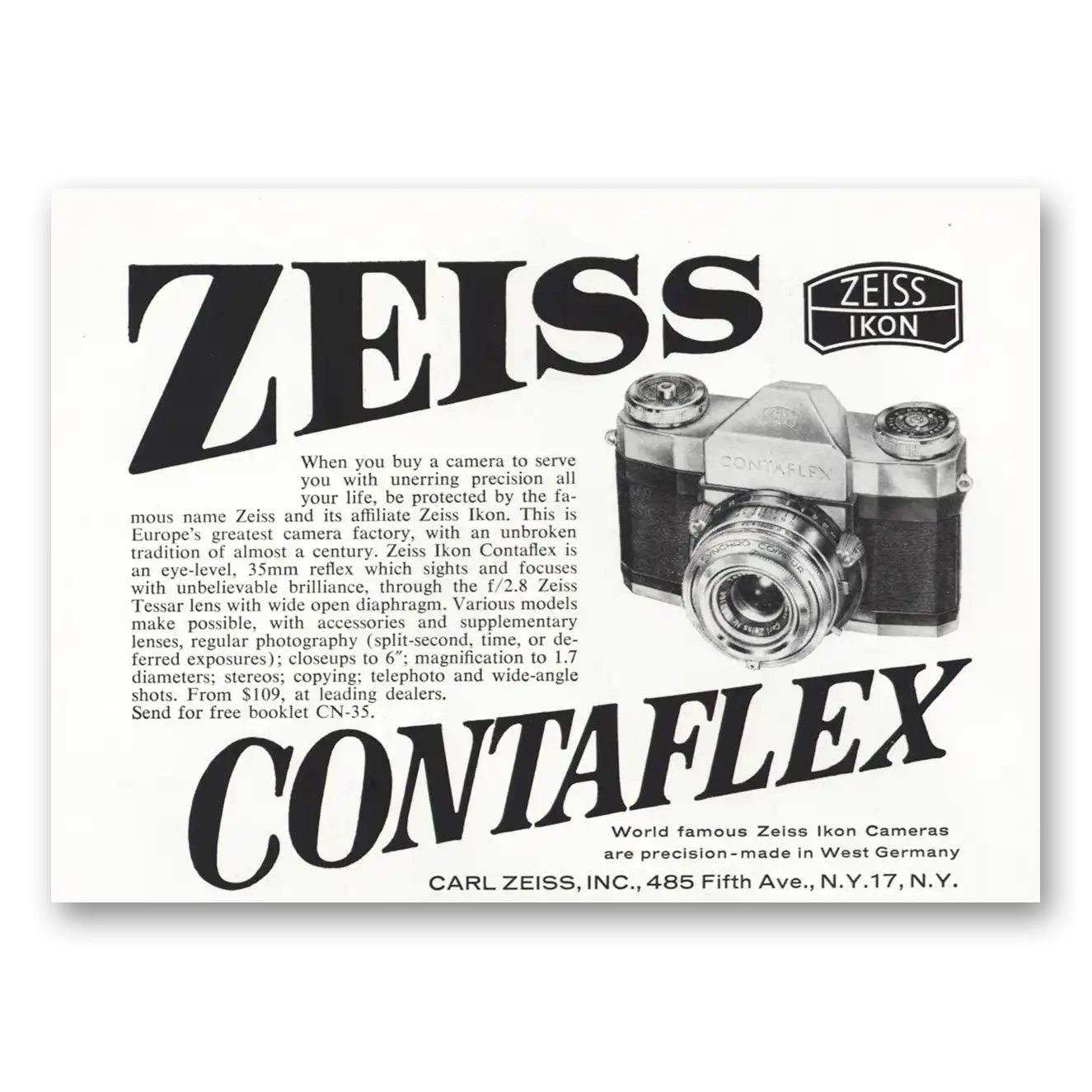 1959 Zeiss Ikon Contaflex Camera Unerring Precision Vintage Magazine Print Ad