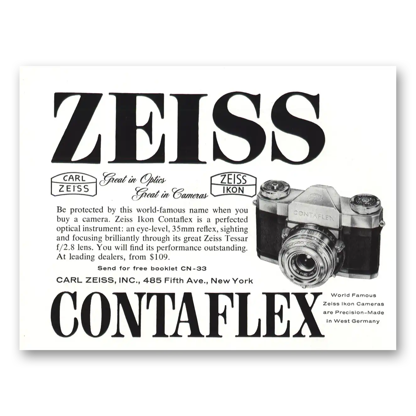 1959 Zeiss Ikon Contaflex Camera Great In Optics Vintage Magazine Print Ad