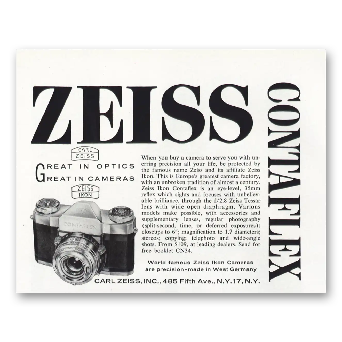 1959 Zeiss Ikon Contaflex Camera Great in Optics Vintage Magazine Print Ad