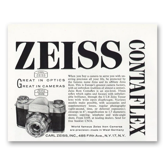 1959 Zeiss Ikon Contaflex Camera Great in Optics Vintage Magazine Print Ad