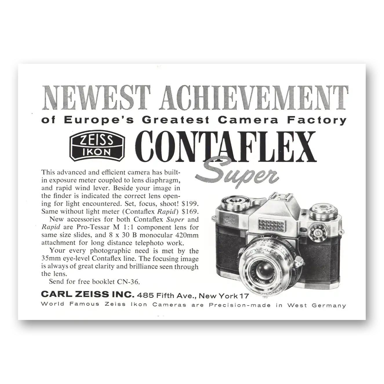 1959 Zeiss Ikon Camera Newest Achievement Vintage Magazine Print Ad