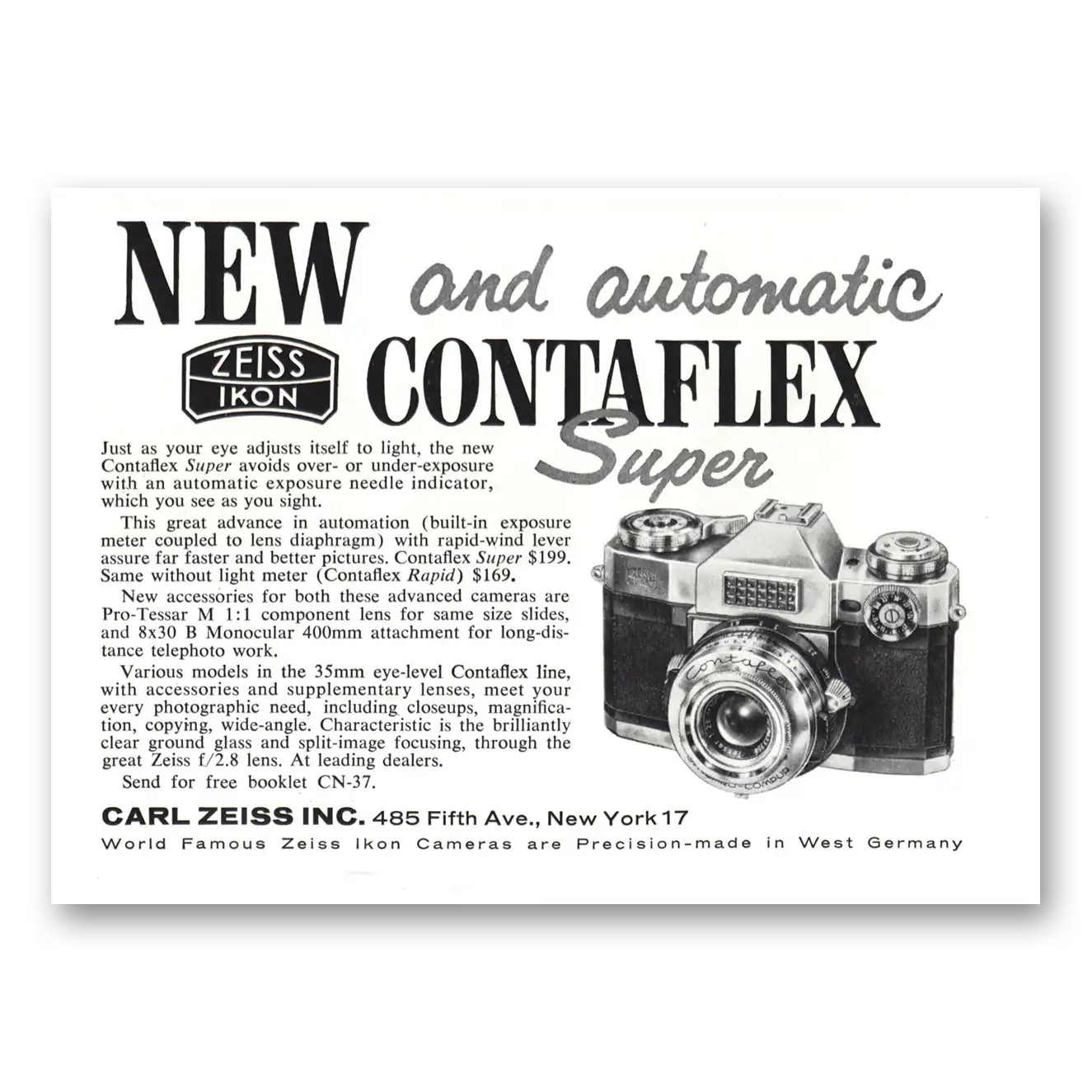 1959 Zeiss Ikon Contaflex Camera New and Automatic Vintage Magazine Print Ad