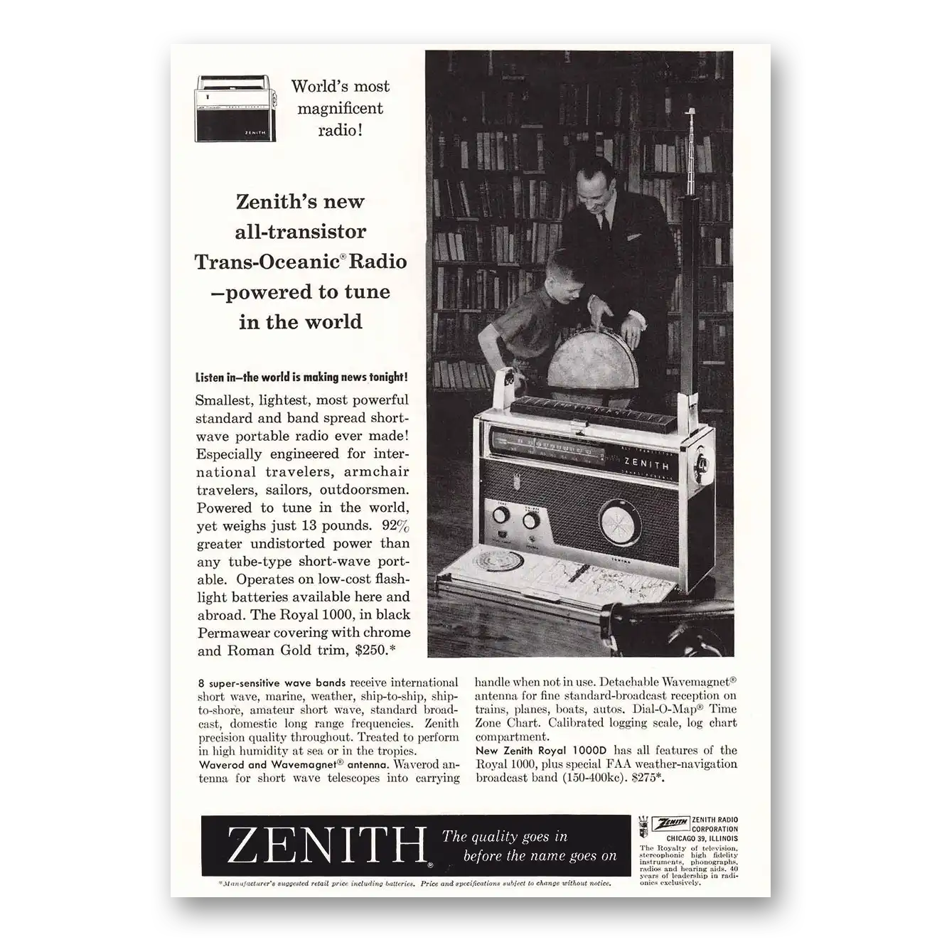 1959 Zenith Radio Powered to Tune In The World Vintage Magazine Print Ad