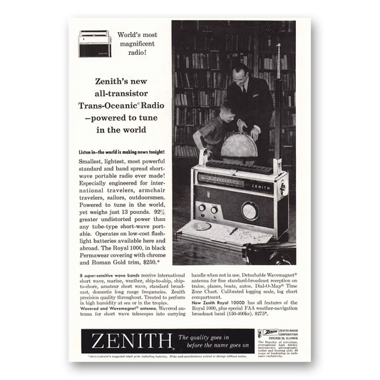 1959 Zenith Radio Powered to Tune In The World Vintage Magazine Print Ad