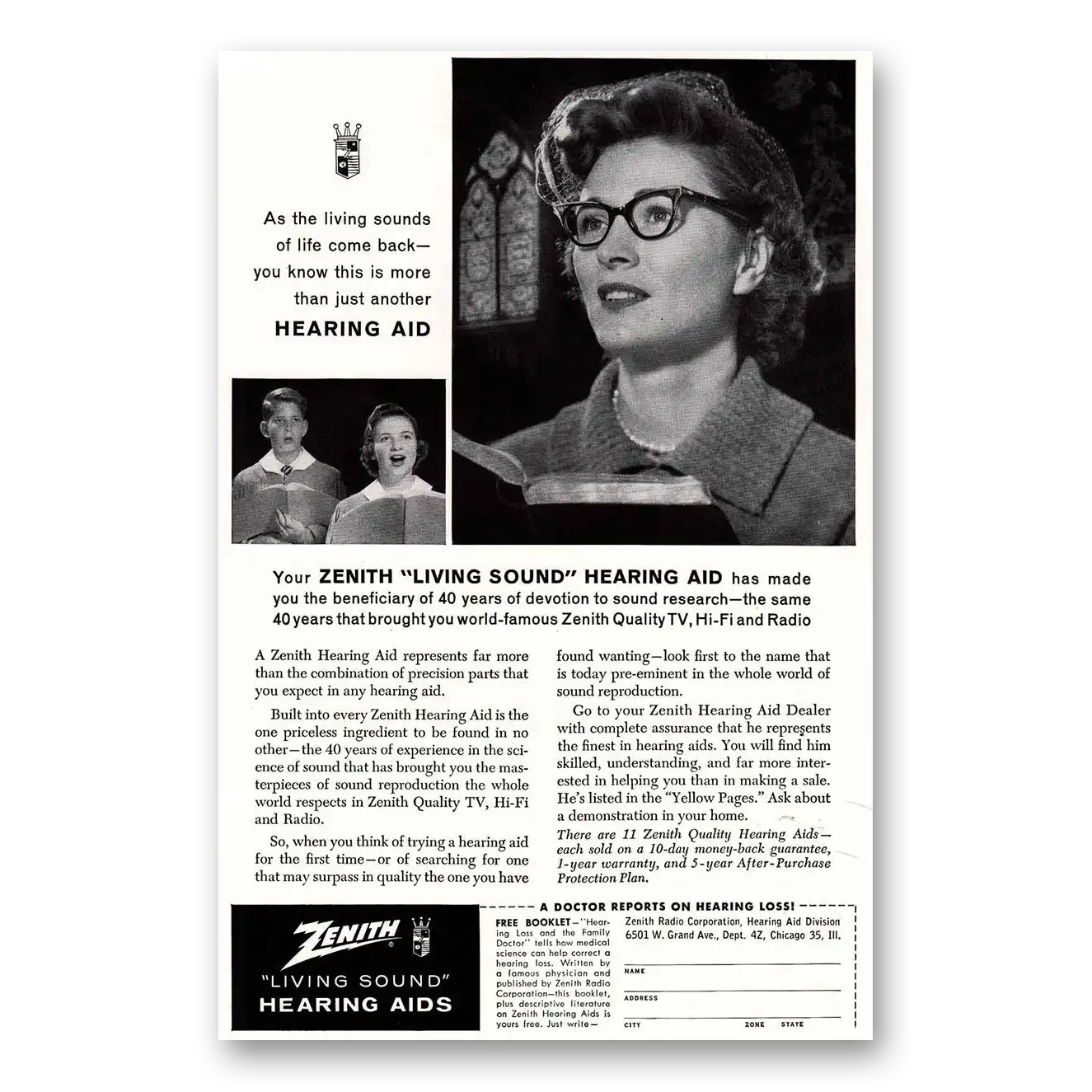 1959 Zenith Hearing Aid Living Sound Hearing Aid Church Vintage Magazine Print Ad