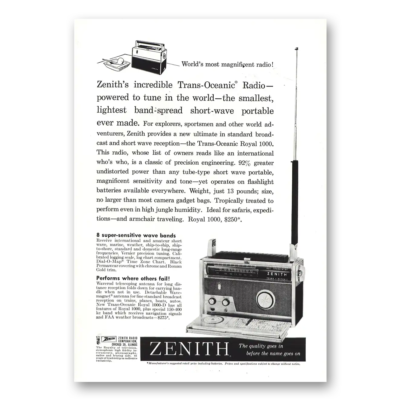 1959 Zenith Radio Super Sensitive Wave Vintage Magazine Print Ad