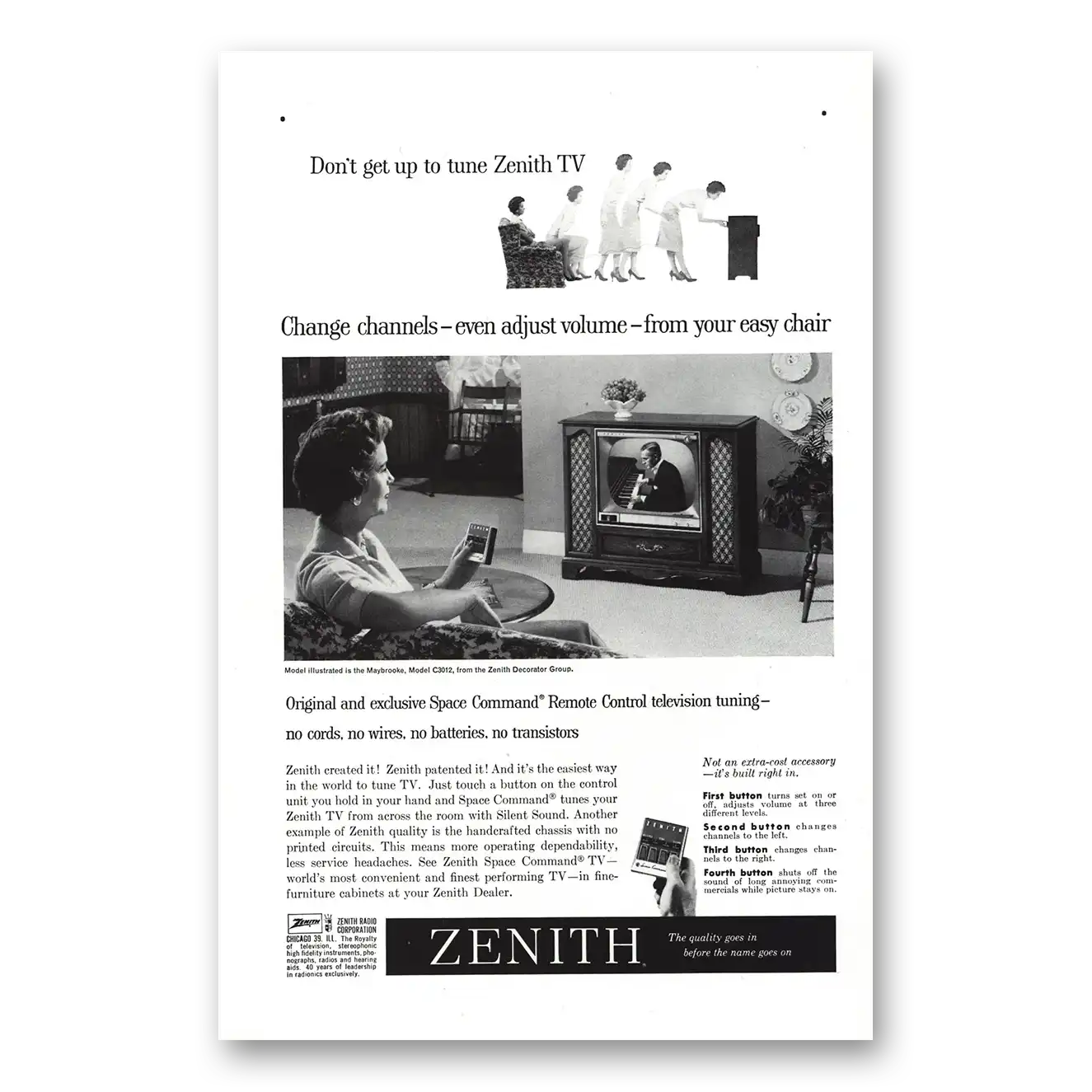 1959 Zenith Television Don’t Get Up to Tune Maybrooke Model Vintage Magazine Print Ad