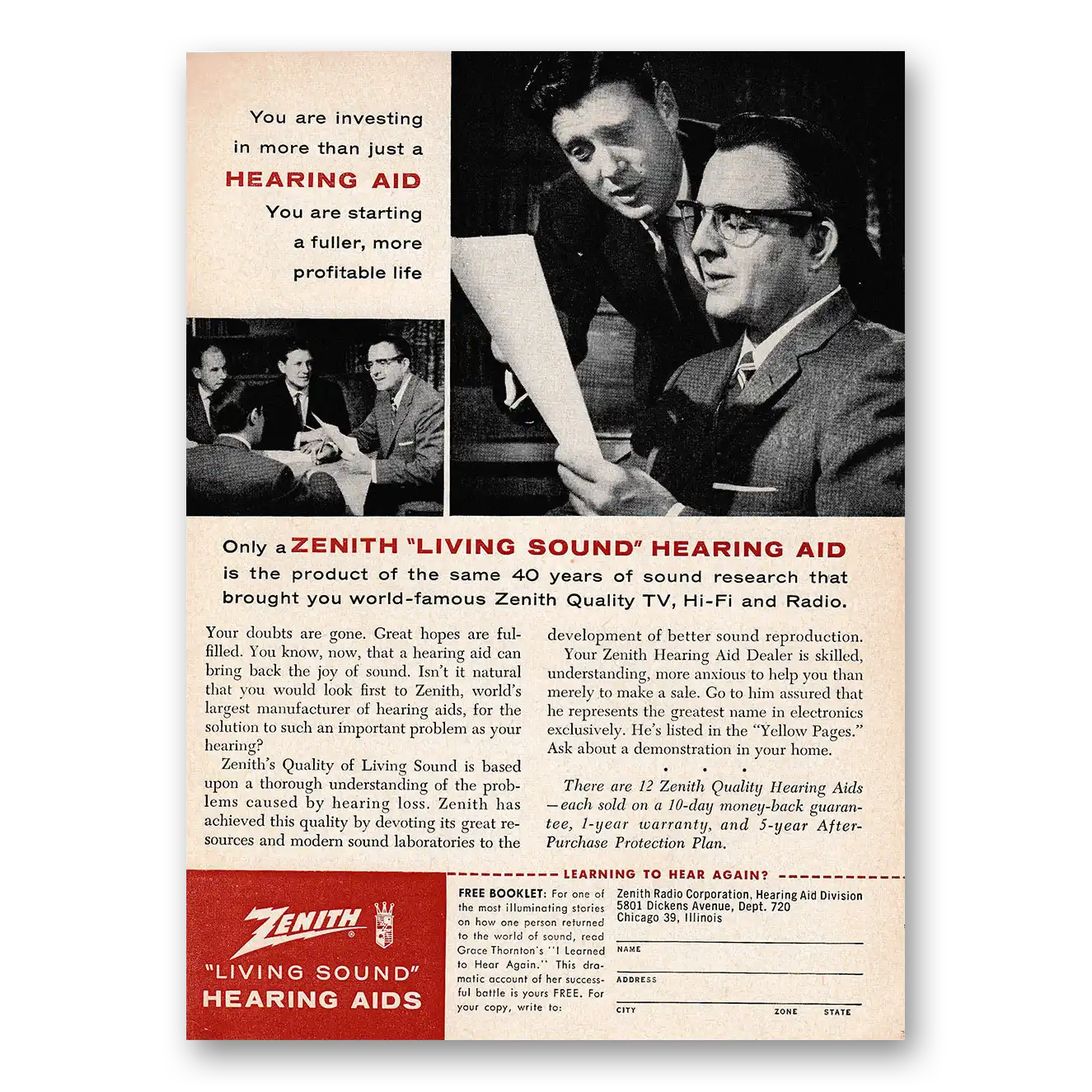 1959 Zenith Hearing Aid You Are Investing In More Than Just a Hearing Aid Vintage Magazine Print Ad