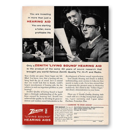 1959 Zenith Hearing Aid You Are Investing In More Than Just a Hearing Aid Vintage Magazine Print Ad