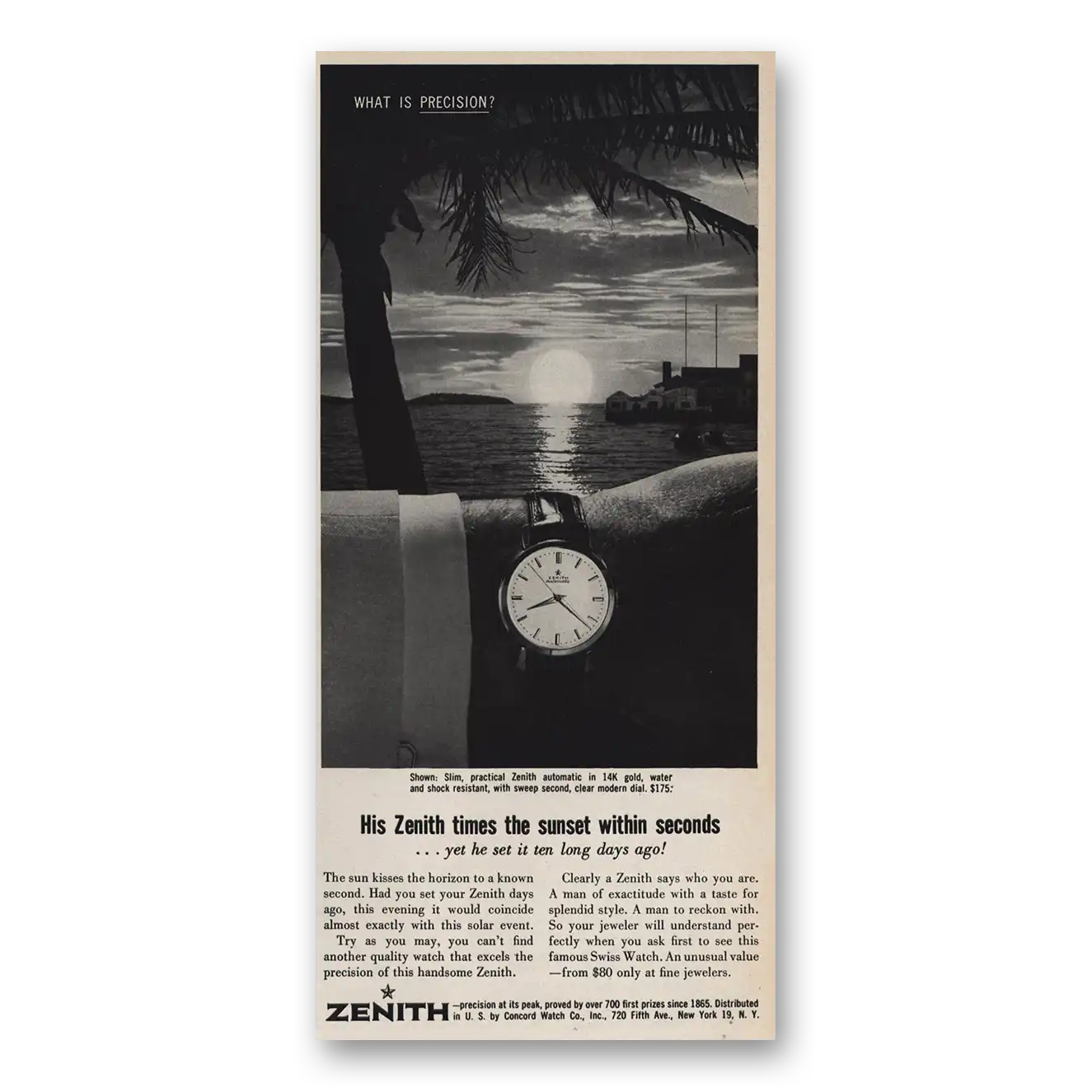 1959 Zenith Watch Zenith Watch Times the Sunset Within Seconds Vintage Magazine Print Ad